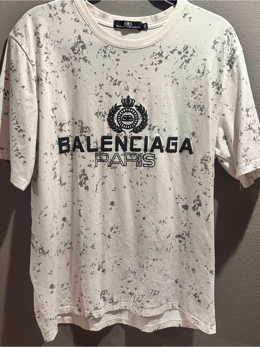 Balenciaga White T-Shirt with Gray Splatter and Black Logo